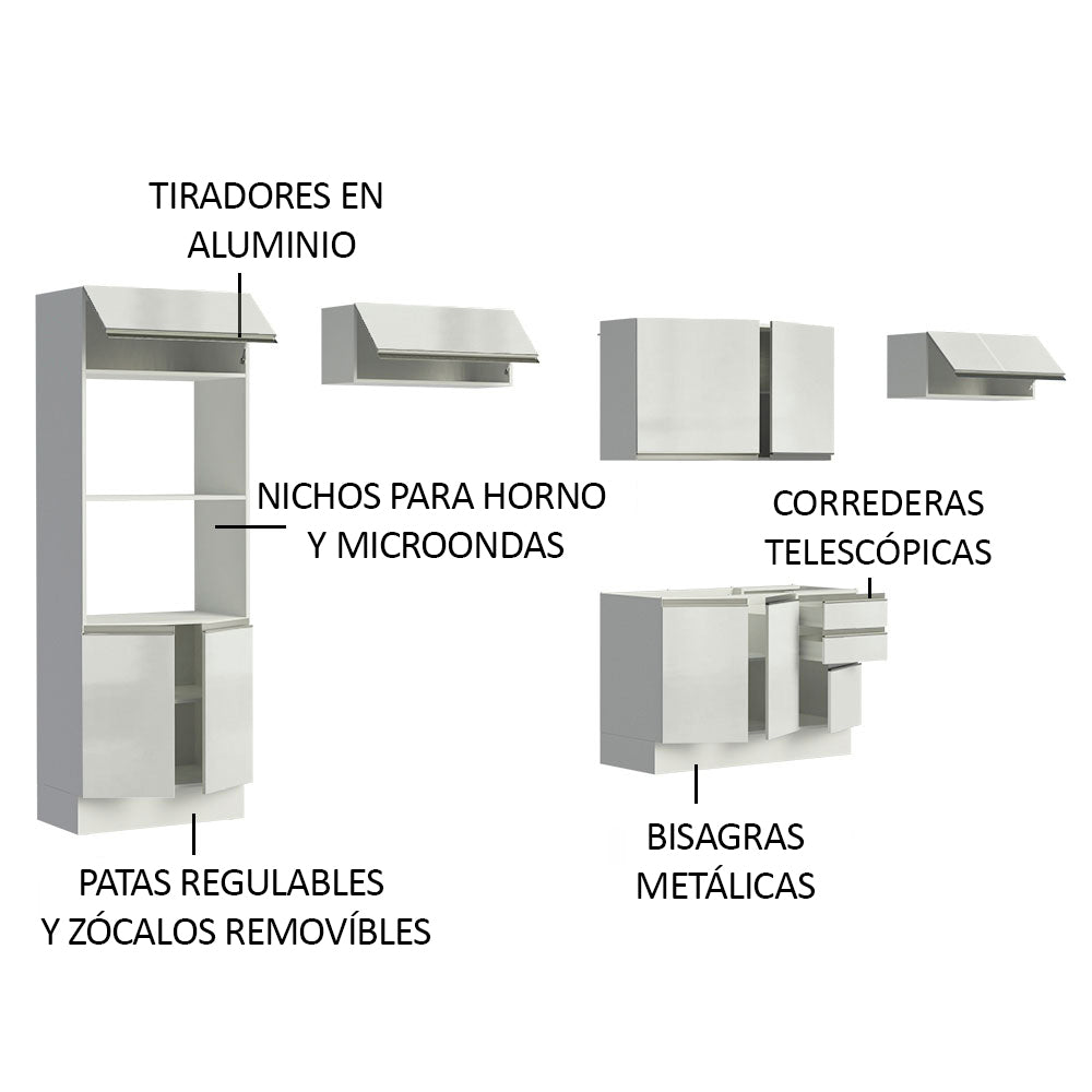Combo Completo de Cocina 100% MDF 350cm Frentes Blanco Brillante Acordes Madesa 01