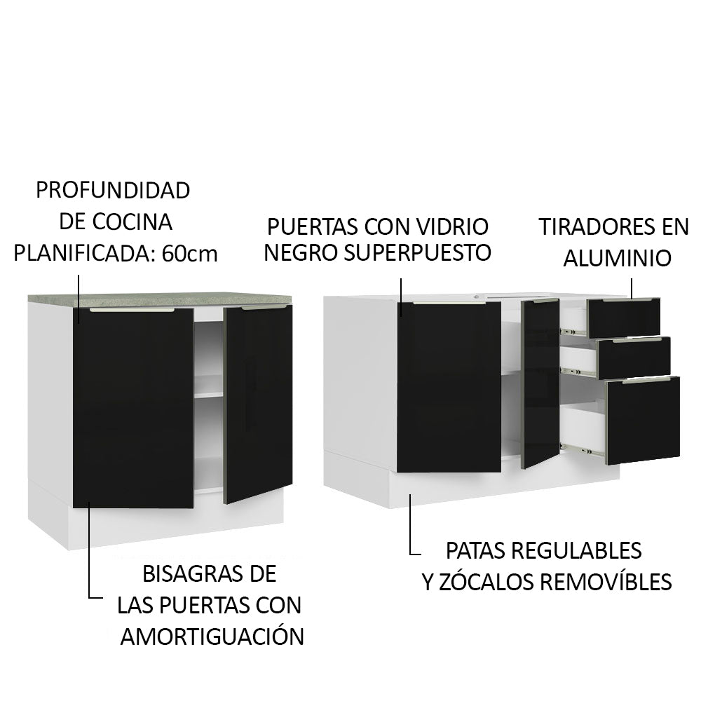 Combo con 2 Bajos Mesadas de Cocina 4 Puetas 3 Cajones 200 x 60 cm (Sin Mesada y Bacha) Blanco/Negro Lux Madesa
