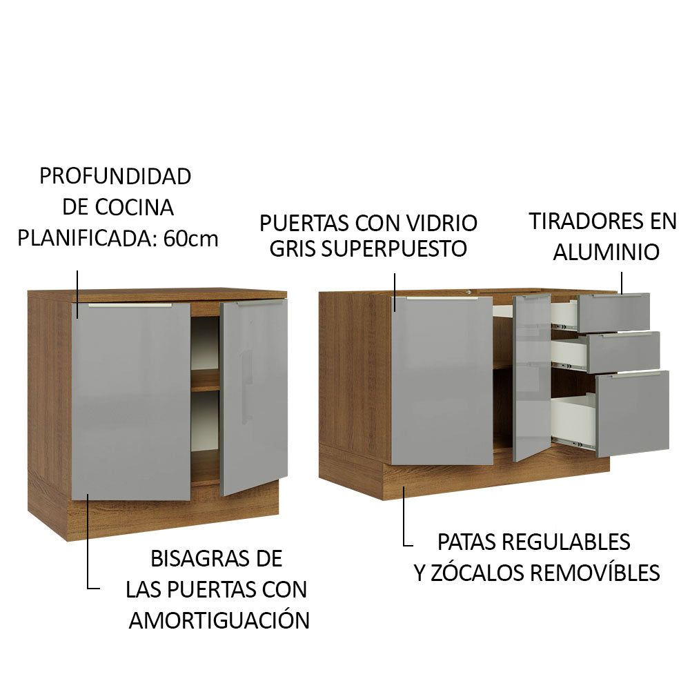Juego de 2 gabinetes bajos de cocina Madesa Lux con 4 puertas y 3 cajones (sin mesada ni fregadero) Marrón/Gris