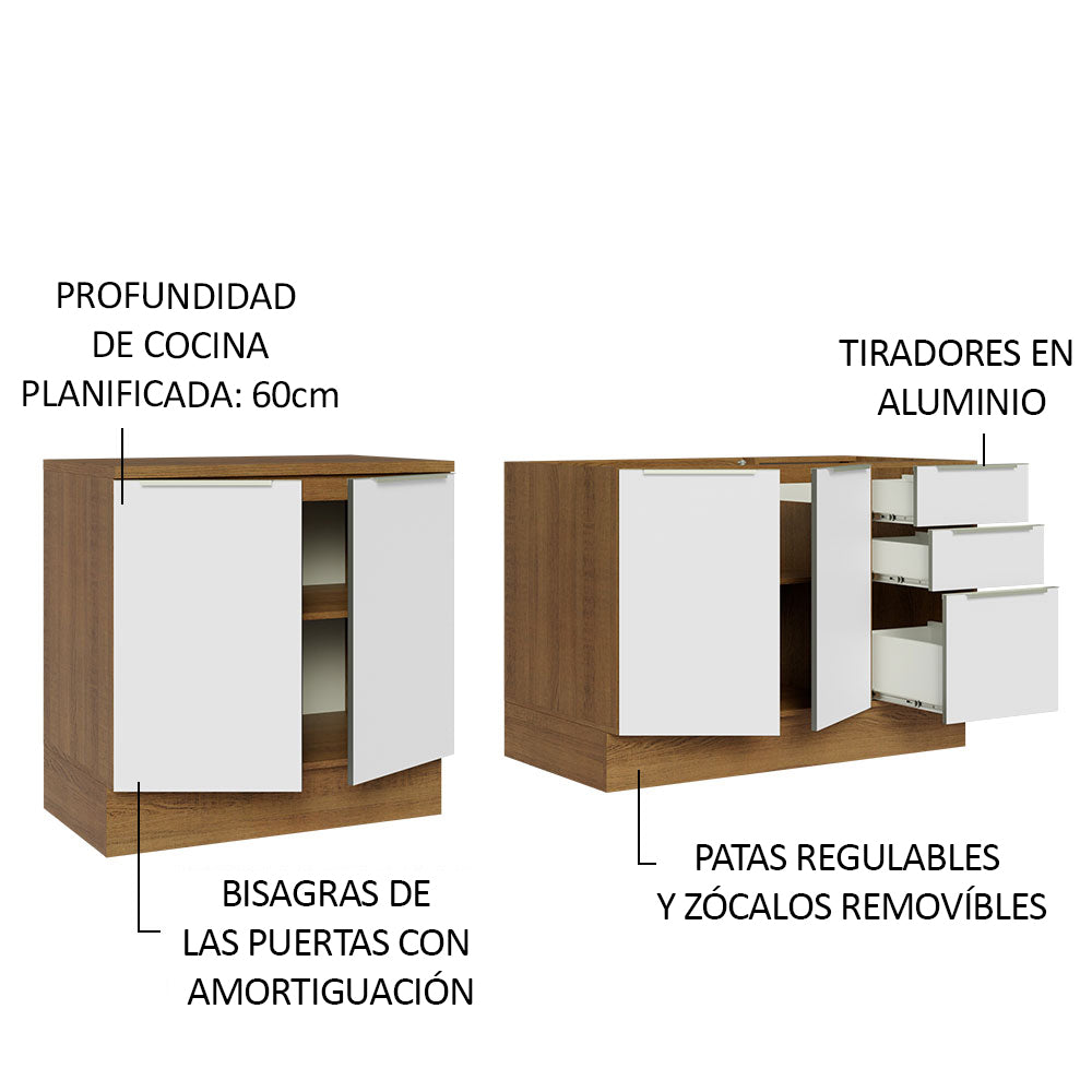 Combo con 2 Bajos Mesadas de Cocina 4 Puetas 3 Cajones 200 x 60 cm (Sin Mesada y Bacha) Marrón/Blanco Aterciopelado Lux Madesa