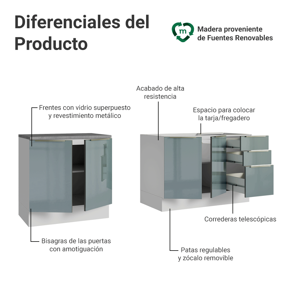 Cocina Compacta 200 x 60 cm Blanco/Gris Lux Madesa 06