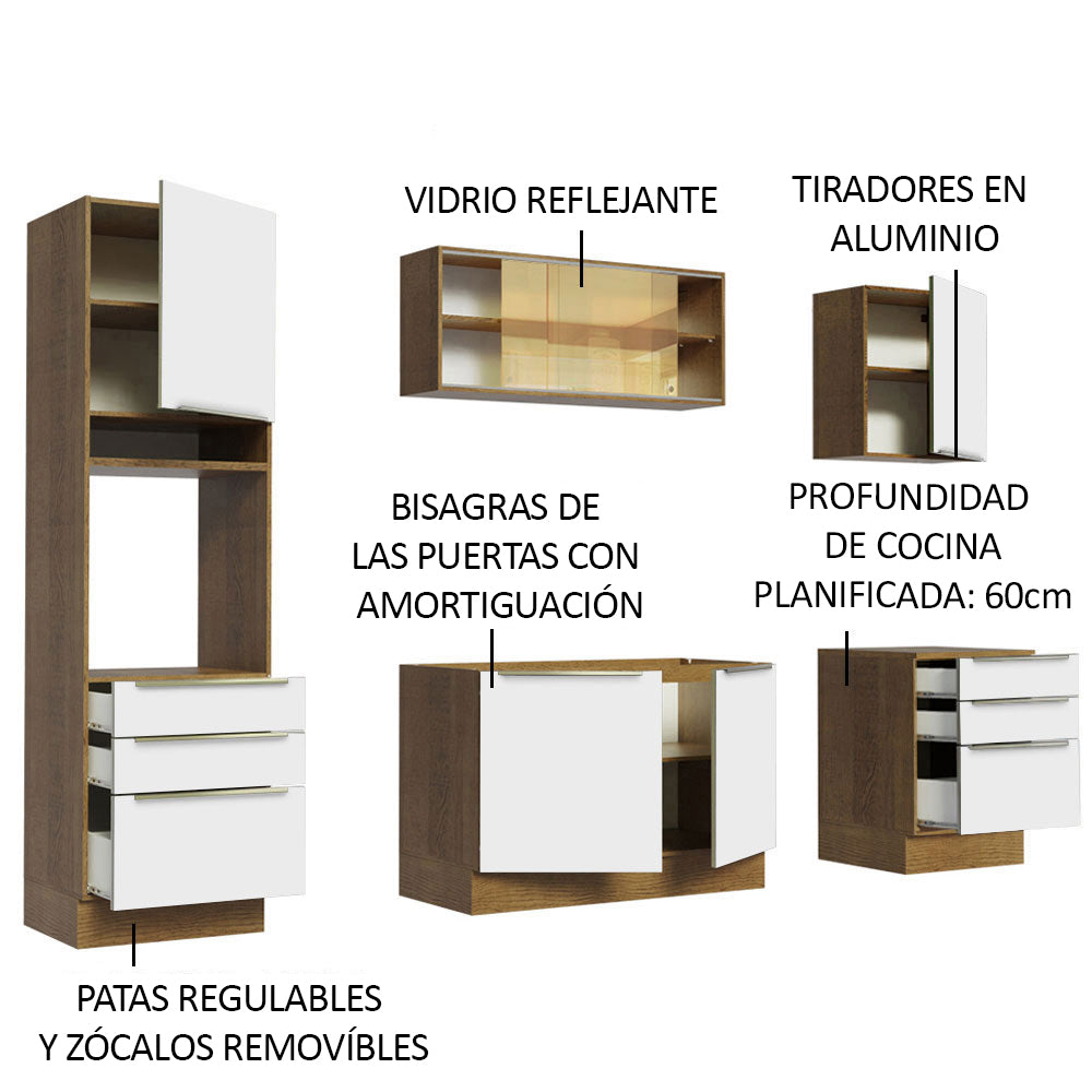 Combo Completo de Cocina 240 x 60 cm Marrón/Blanco Aterciopelado Lux Madesa 02