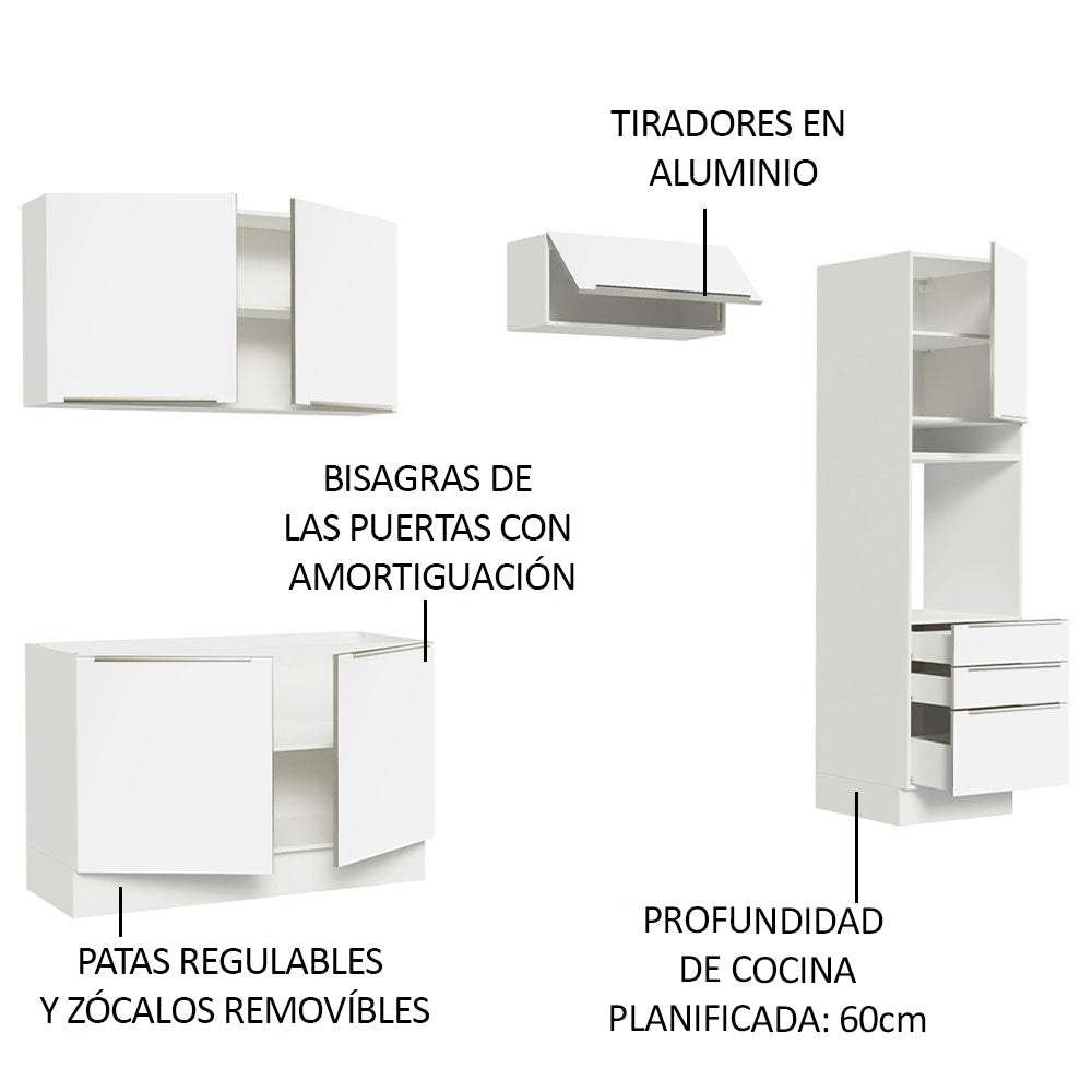 Combo Completo de Cocina 260 x 60 cm Blanco/Blanco Aterciopelado Lux Madesa 05