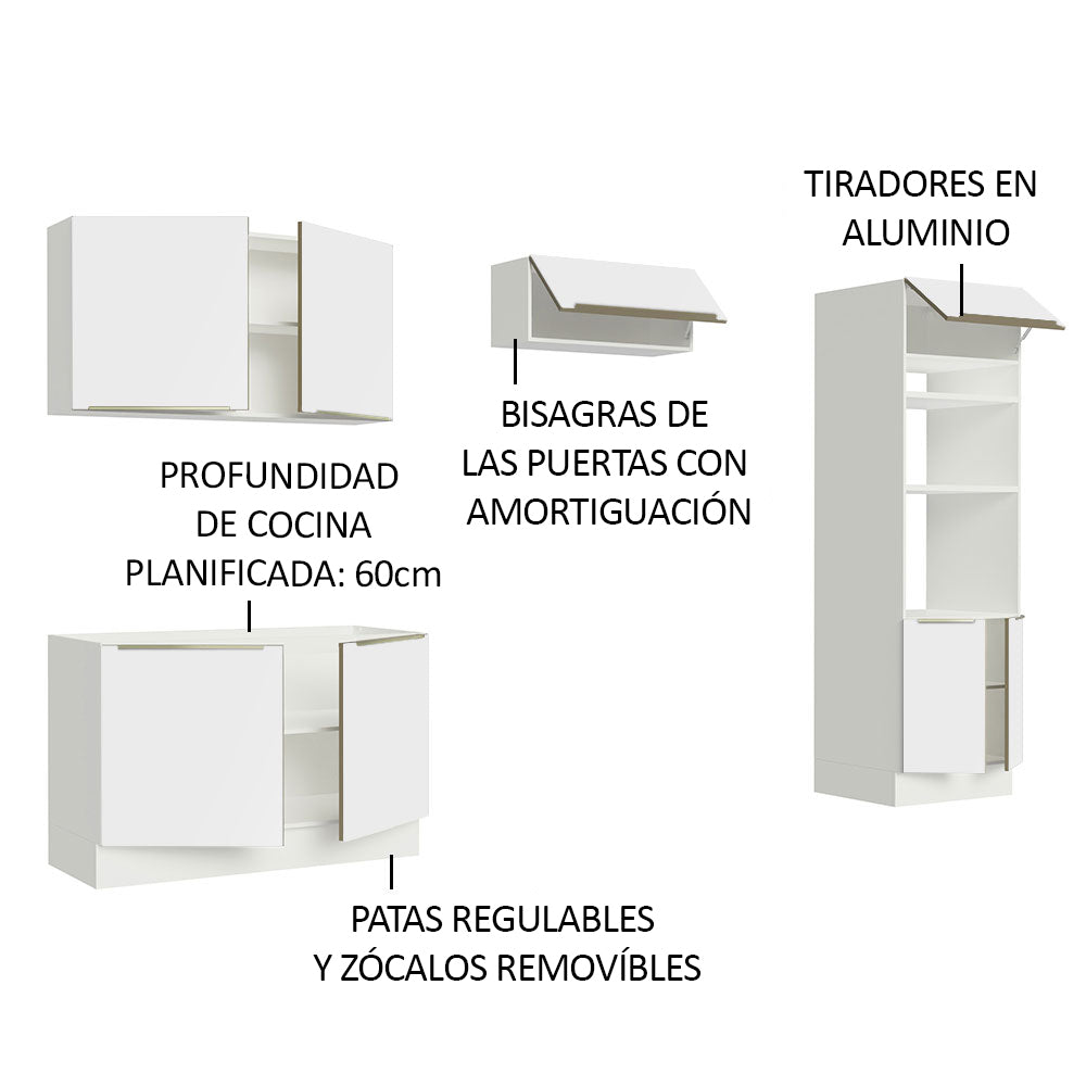 Combo Completo de Cocina 270 x 60 cm Blanco/Blanco Aterciopelado Lux Madesa 01