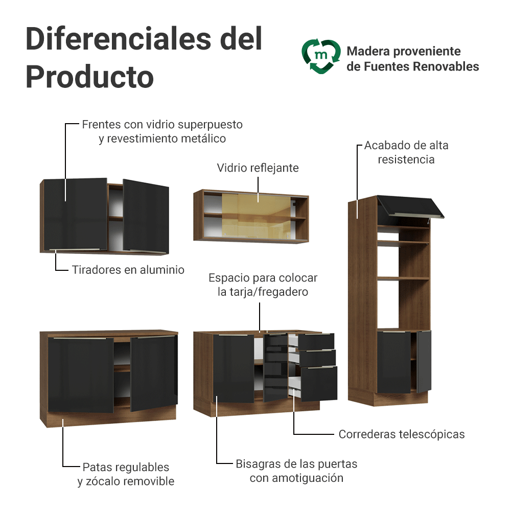 Combo Completo de Cocina 310 cm Marrón/Negro Lux Madesa 03