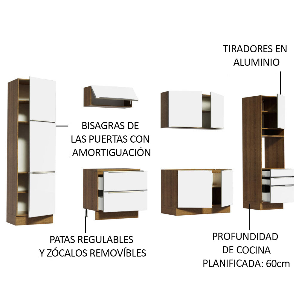 Combo Completo de Cocina 320 x 60 cm Marrón/Blanco Aterciopelado Lux Madesa 03