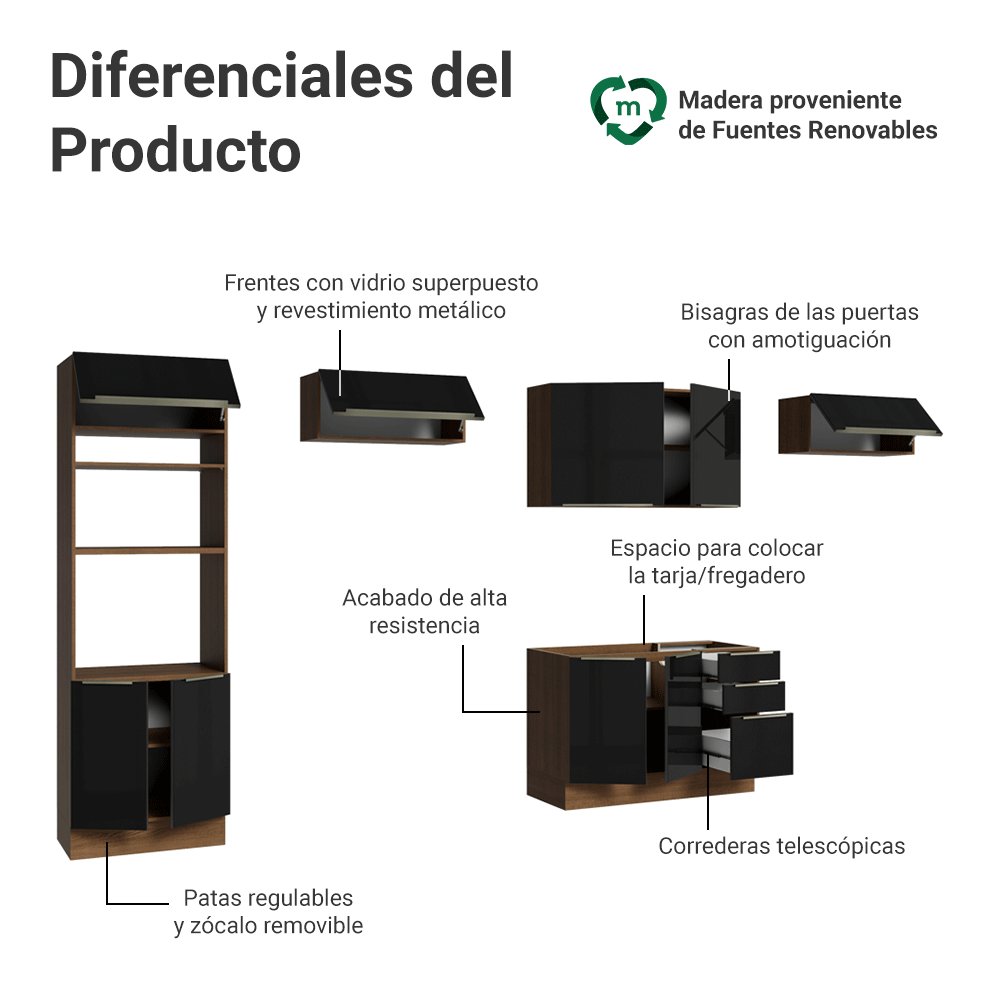 Combo completo de Cocina 350 x 60 cm Marrón/Negro Lux Madesa 02