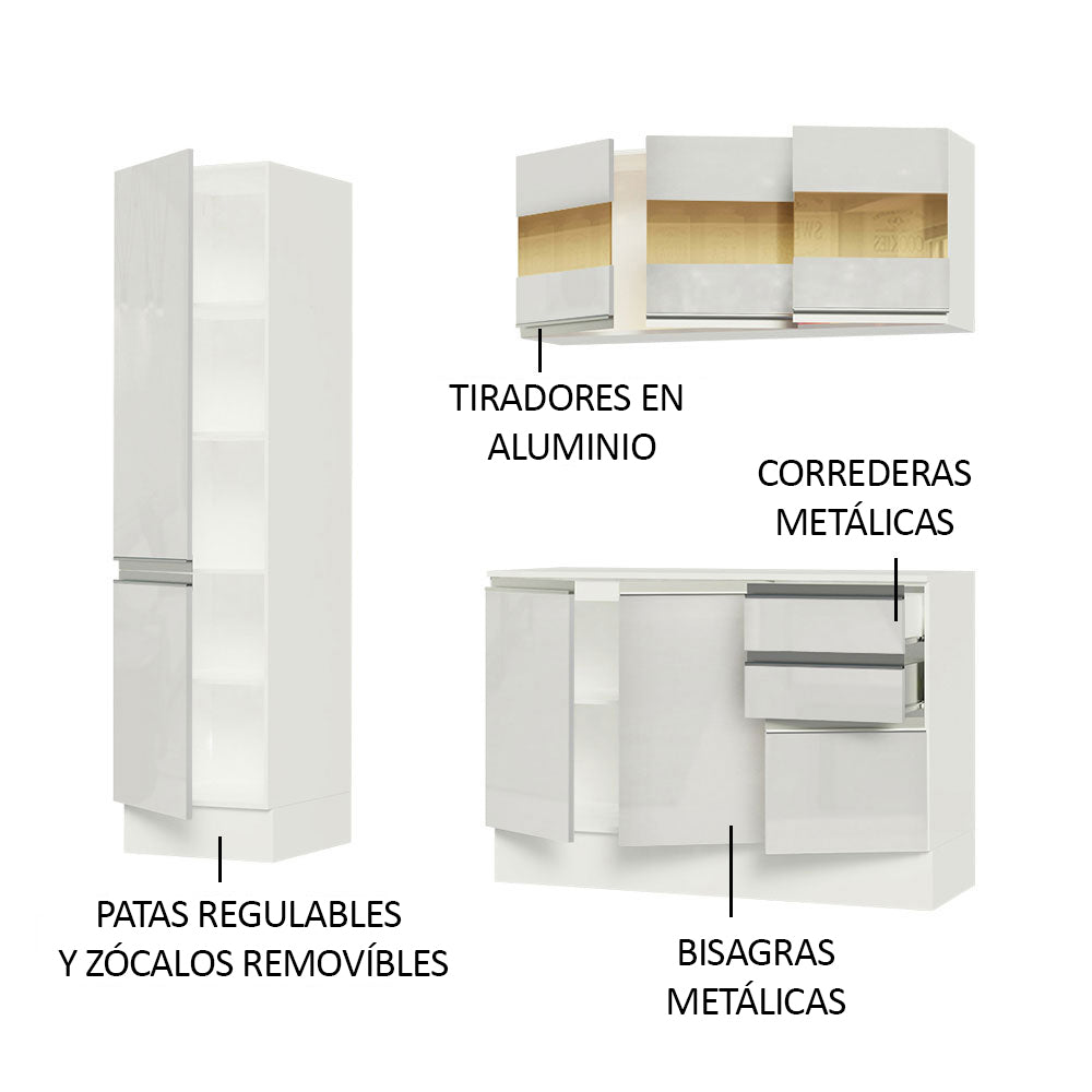 Cocina Compacta Smart 100% MDF Puertas Brillante 170 cm 8 Puertas 2 Cajones (Con Mesada) Blanco Madesa