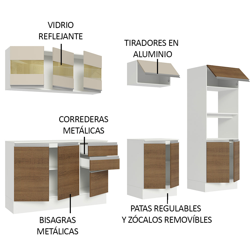 Combo Completo de Cocina 100% MDF 250 cm Blanco/Marrón/Crema Smart Madesa 02