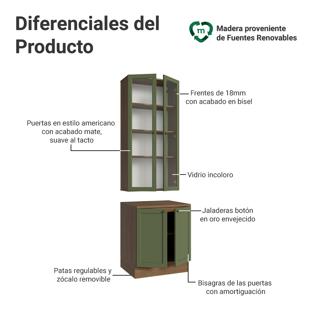 Kit Bajo Mesada + Cristalero 70 cm Vik Marrón/Verde 01