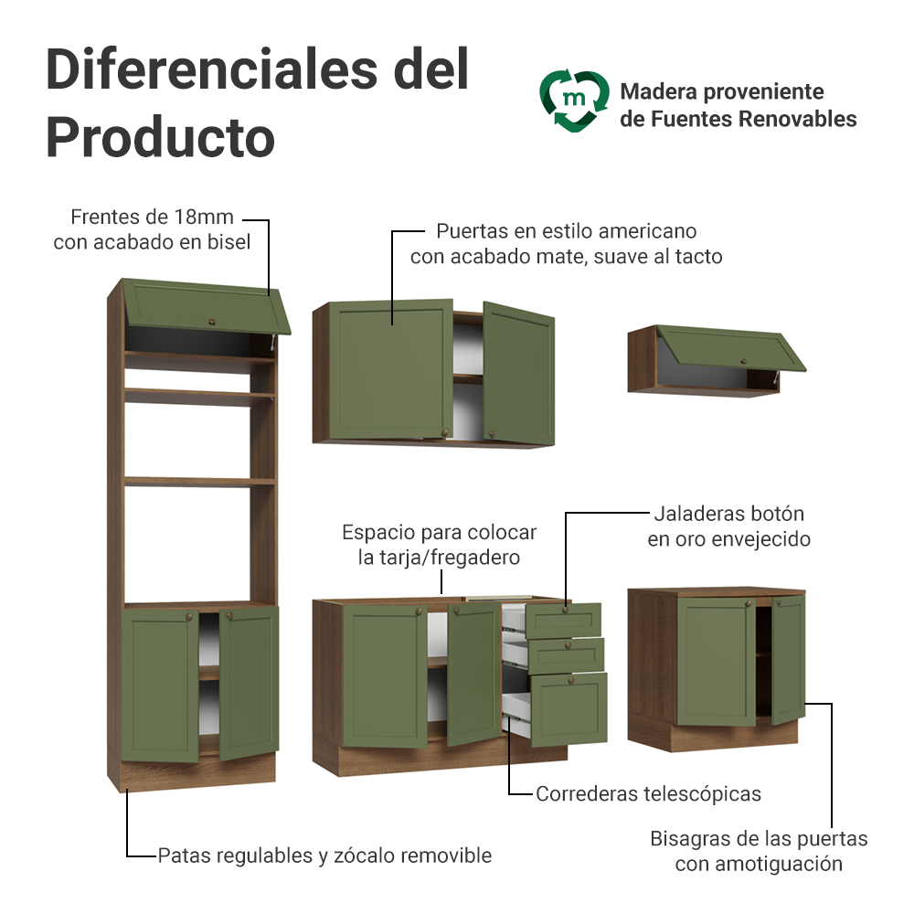 Combo de Cocina 270 cm Vik Marrón/Verde 01