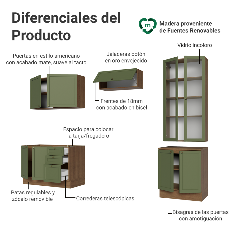 Combo completo de Cocina 270 cm Marrón/Verde Vik Madesa 06