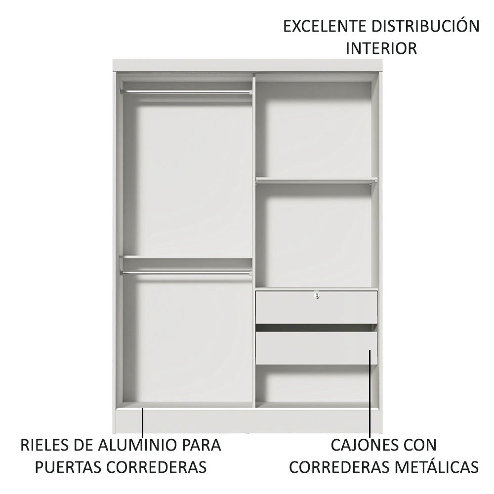 Habitación Completa con Placard Luke 2 Purtas de Espejo y Respaldo de cama con 2 Mesas de Luz Madesa Blanco