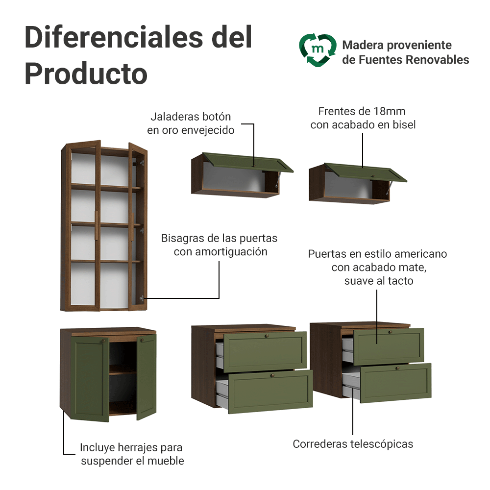 Centros de Entretenimiento con Rack + Cristaleiro 230 cm Marrón/Verde/Marrón Vik Madesa 02
