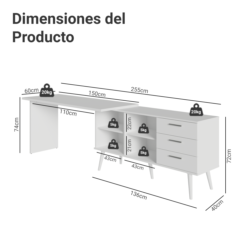 Escritorio Mesa de Estudos esquinero 3 Cajones Blanco/Marrón Lisboa Madesa