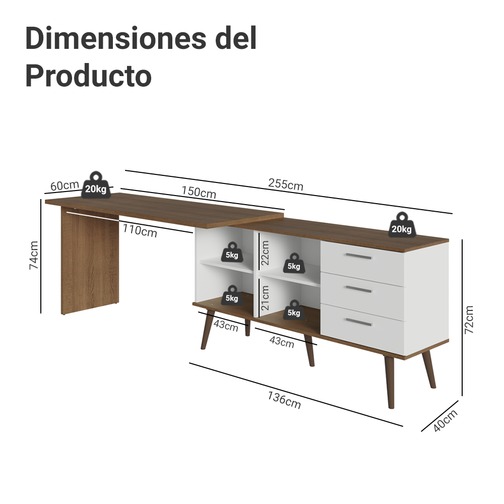 Escritorio Mesa de Estudos esquinero 3 Cajones Blanco Lisboa Madesa