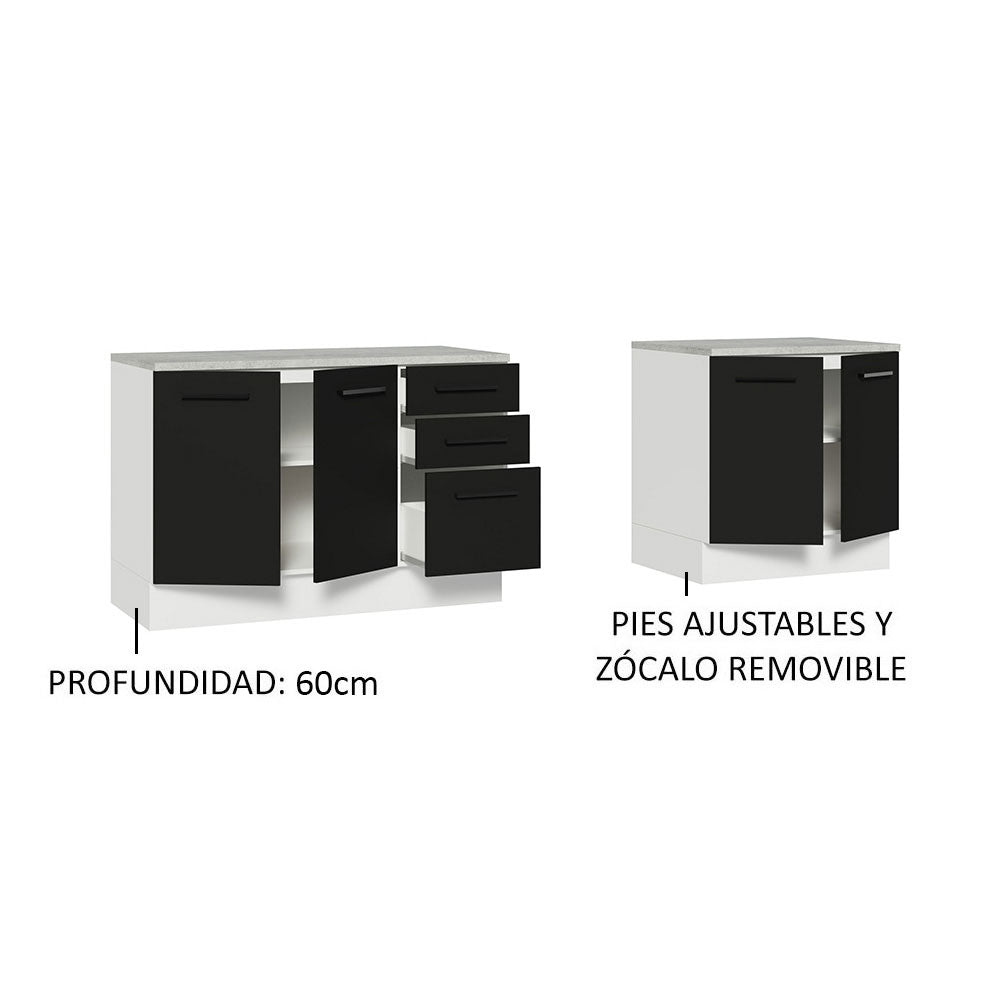 Kit con 2 Bajo mesada Multiuso 4 Puertas 3 Cajones Blanco/Negro Agata Madesa