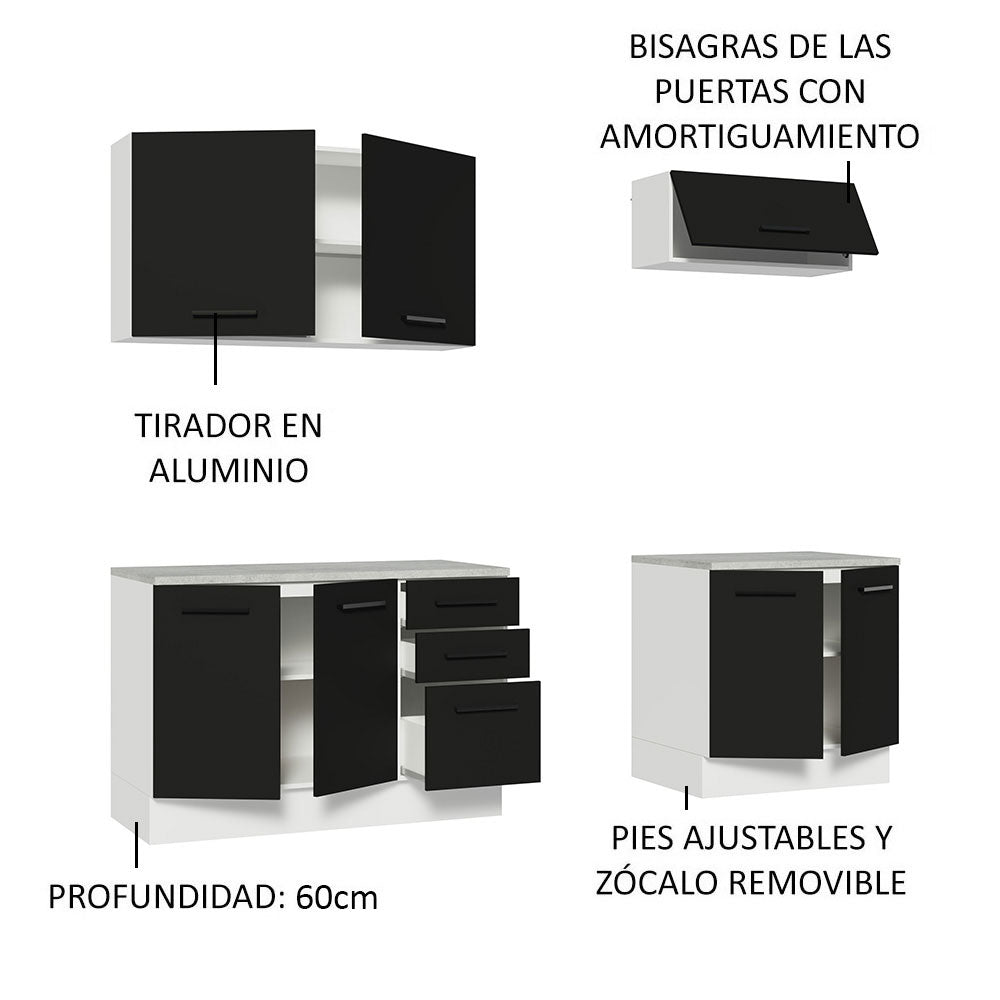 Kit con 2 Bajo mesada e 2 Alacena Multiuso 200cm Blanco/Negro Agata Madesa