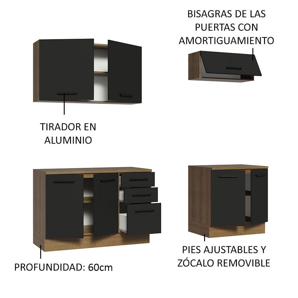 Kit con 2 Bajo mesada e 2 Alacena Multiuso 200cm Marrón/Negro Agata Madesa