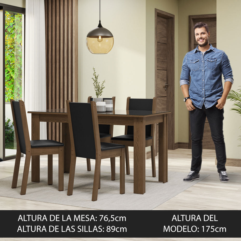 Conjunto Comedor Mesa Mesada de Vidro 4 Sillas Marrón/Negro Suzy Madesa