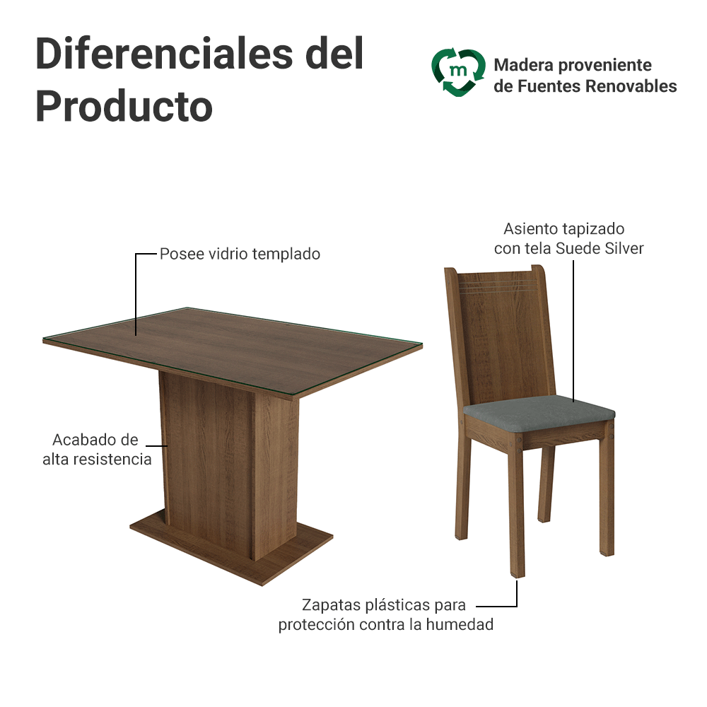 Juego de Comedor Mesada de Vidrio 4 Sillas Camélia Marrón/Silver