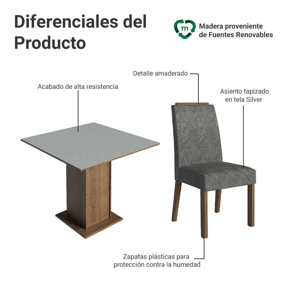 Juego de Comedor Mesada de Madera 4 Sillas Aspen Marrón/Gris/Silver