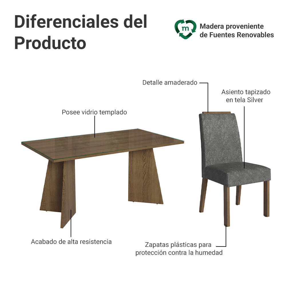 Juego de Comedor Mesada de Vidrio 4 Sillas Braga Marrón/Silver
