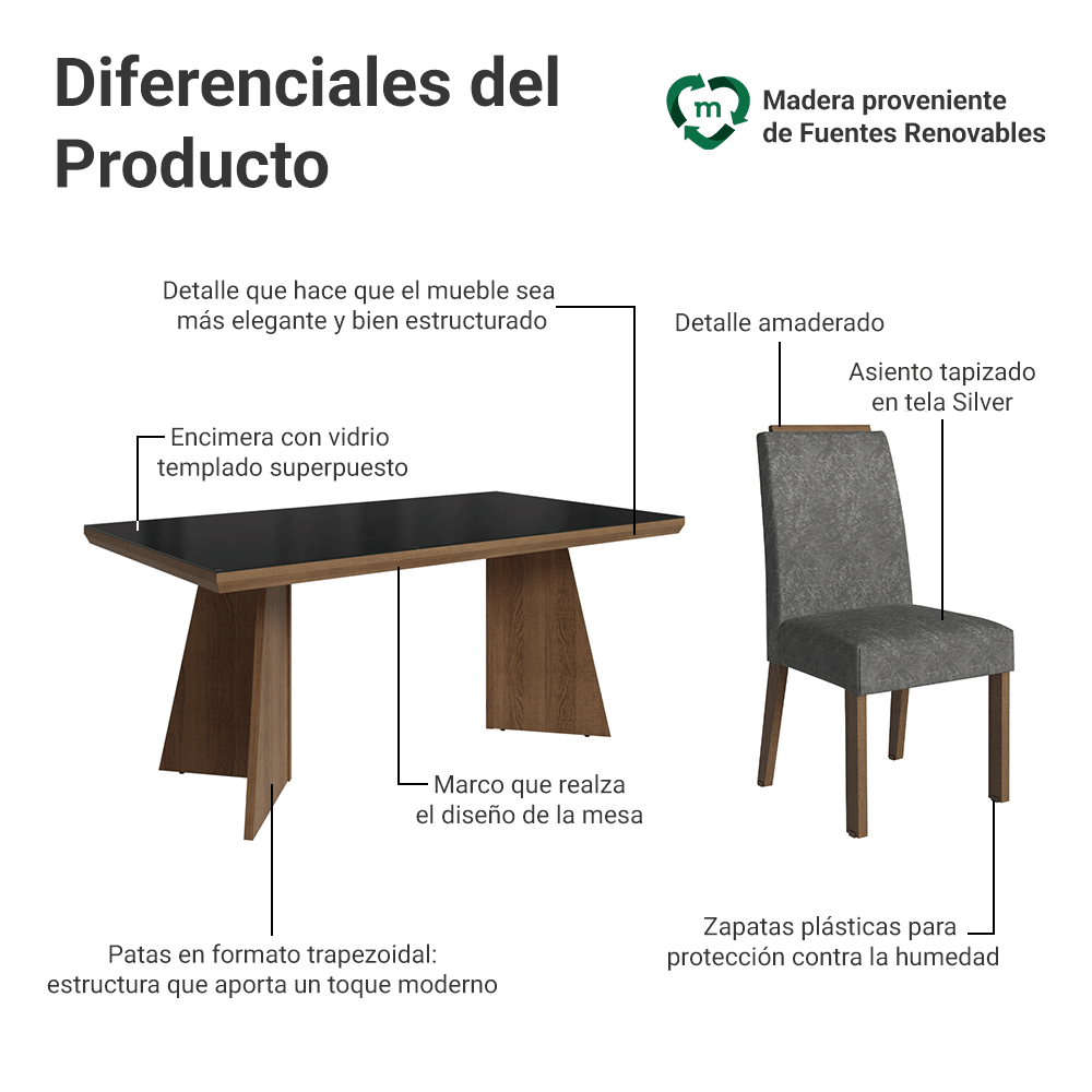 Juego de Comedor Tapa con Vidrio 4 Sillas Marrón/Negro/Silver Todi Madesa