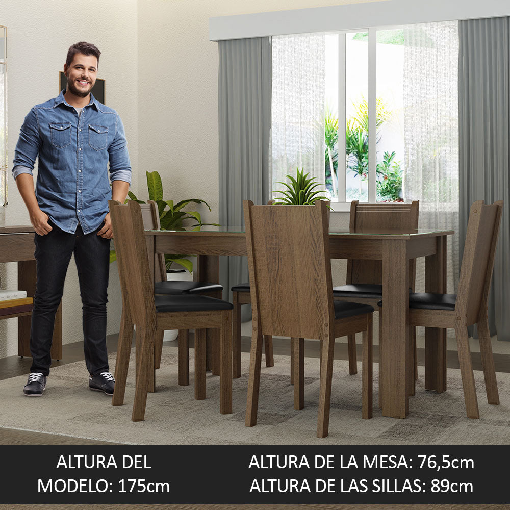 Juego de Comedor Mesa Tapa de Vidrio 6 Sillas Marrón/Sintético Negro Isla Madesa