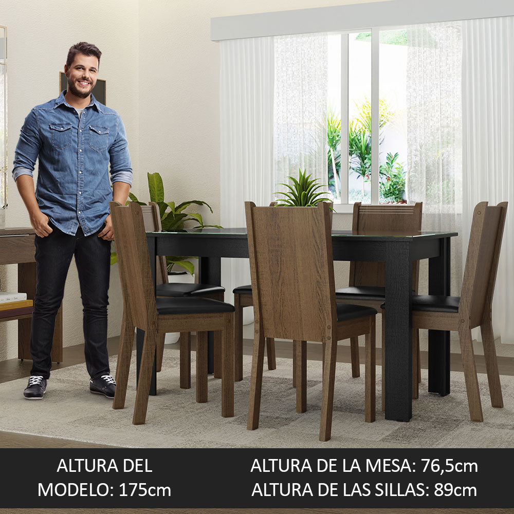 Juego de Comedor Mesa Tapa de Vidrio 6 Sillas Negro/Marrón Isla Madesa