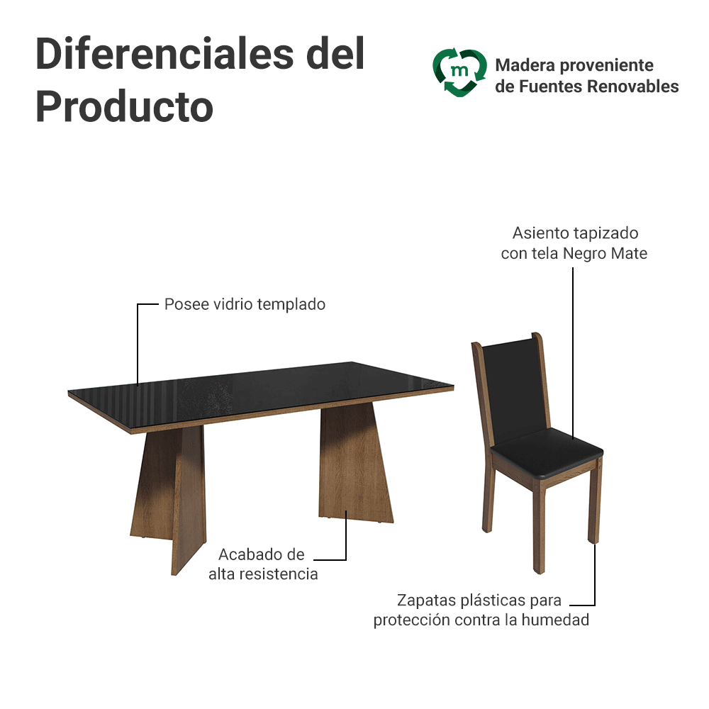 Conjunto Comedor Mesa Mesada de Vidro 6 Sillas Marrón/Negro Viola Madesa
