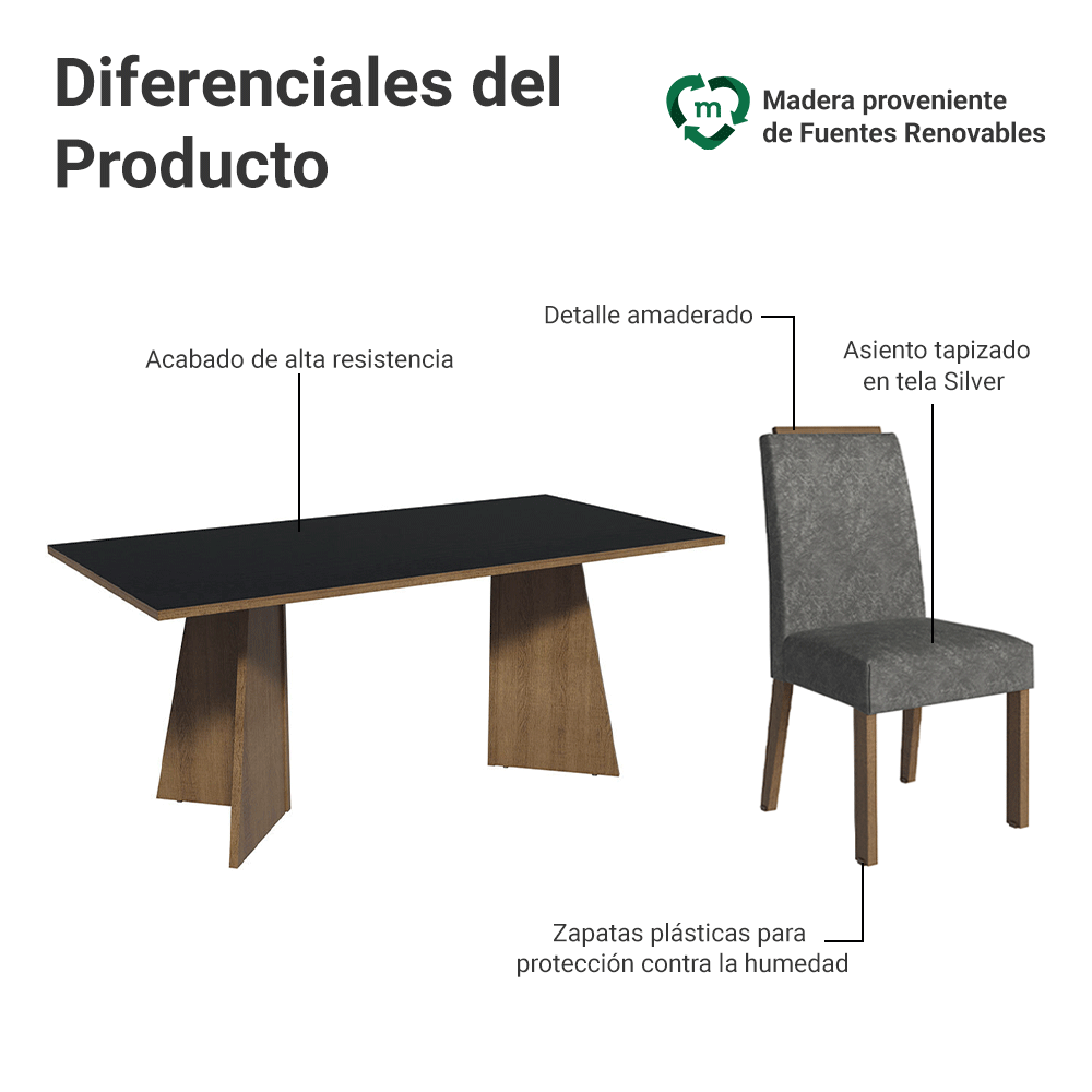 Juego de Comedor Mesada de Madera 6 Sillas Minsk Marrón/Negro/Silver