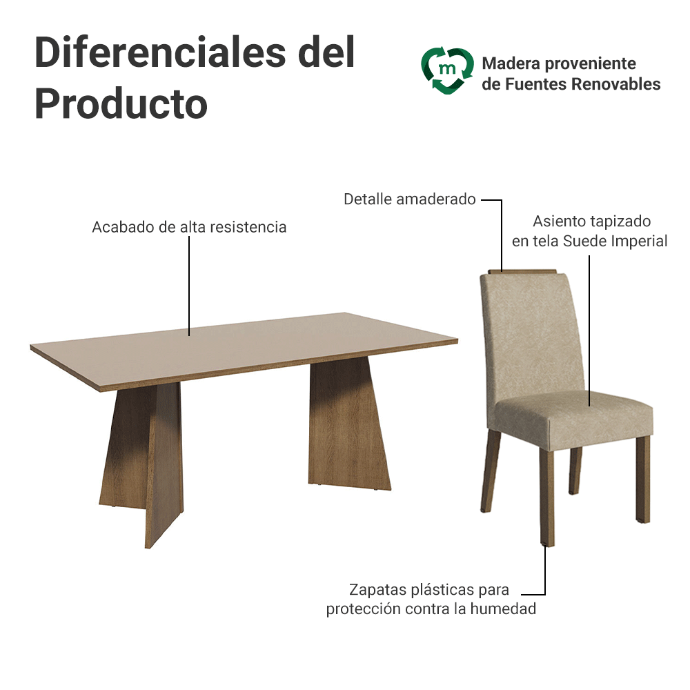 Juego de Comedor Mesada de Madera 6 Sillas Minsk Marrón/Negro/Oxford