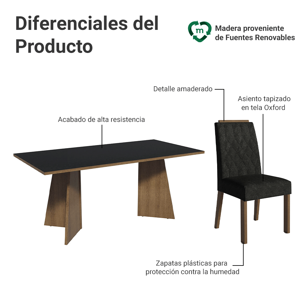 Juego de Comedor Mesada de Madera 6 Sillas York Marrón/Negro/Oxford