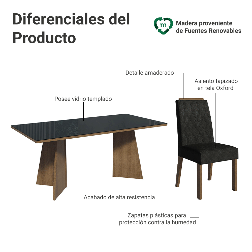 Juego de Comedor Mesada de Vidrio 6 Sillas Siena Marrón/Negro/Oxford