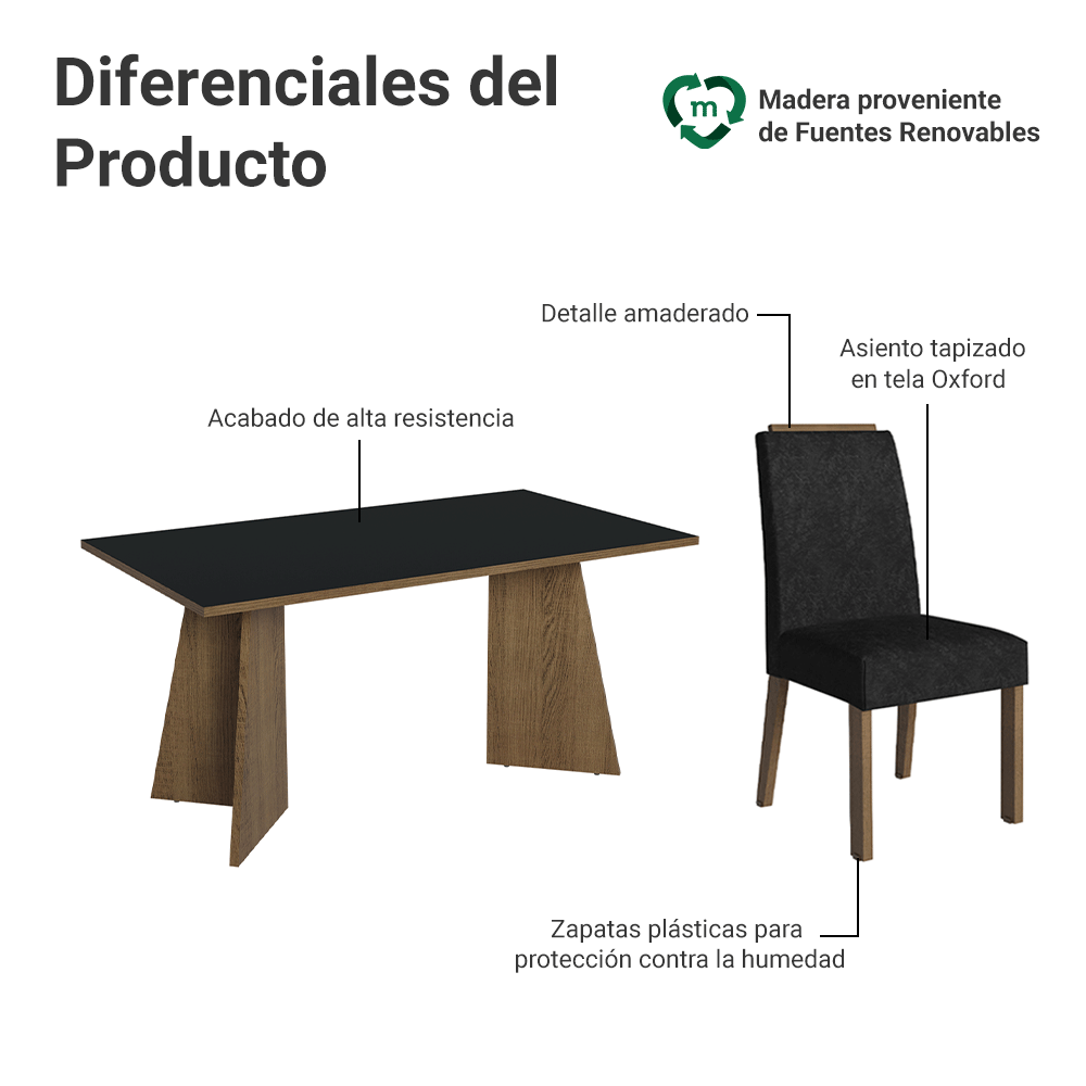 Juego de Comedor Mesada de Madera 6 Sillas Soho Marrón/Negro/Oxford