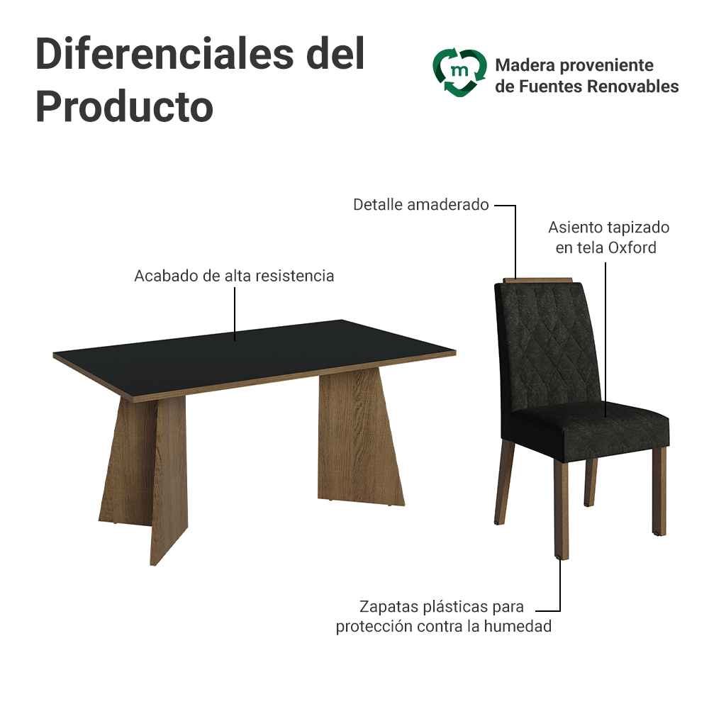 Juego de Comedor Mesada de Madera 6 Sillas Leon Marrón/Negro/Oxford