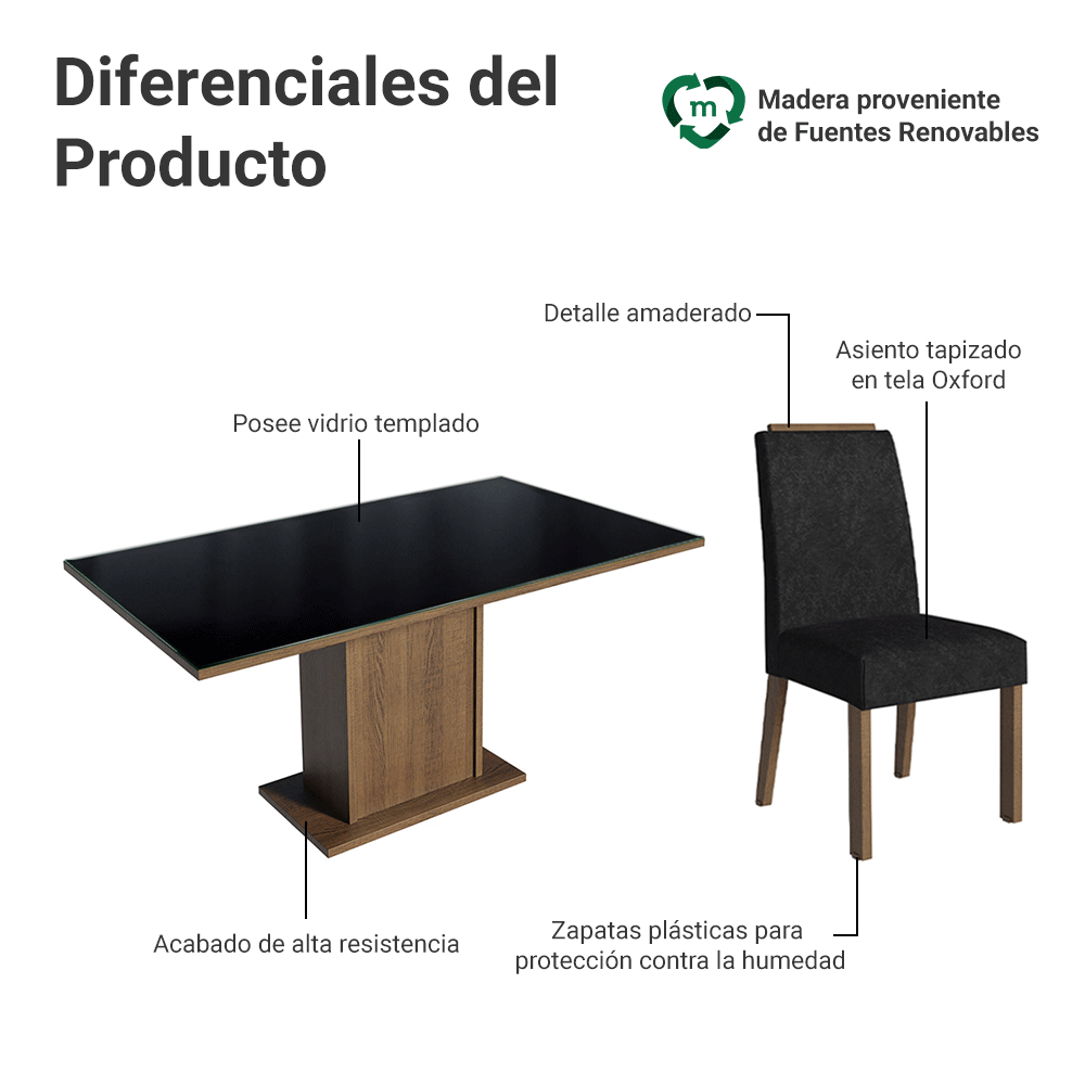 Juego de Comedor Tapa de Vidrio 6 Sillas Marrón/Negro/Oxford Dália Madesa