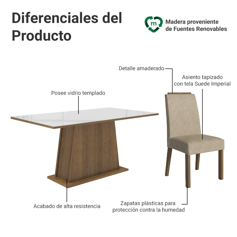 Juego de Comedor Tapa de Vidrio 6 Sillas Marrón/Blanco/Imperial Tulipa Madesa