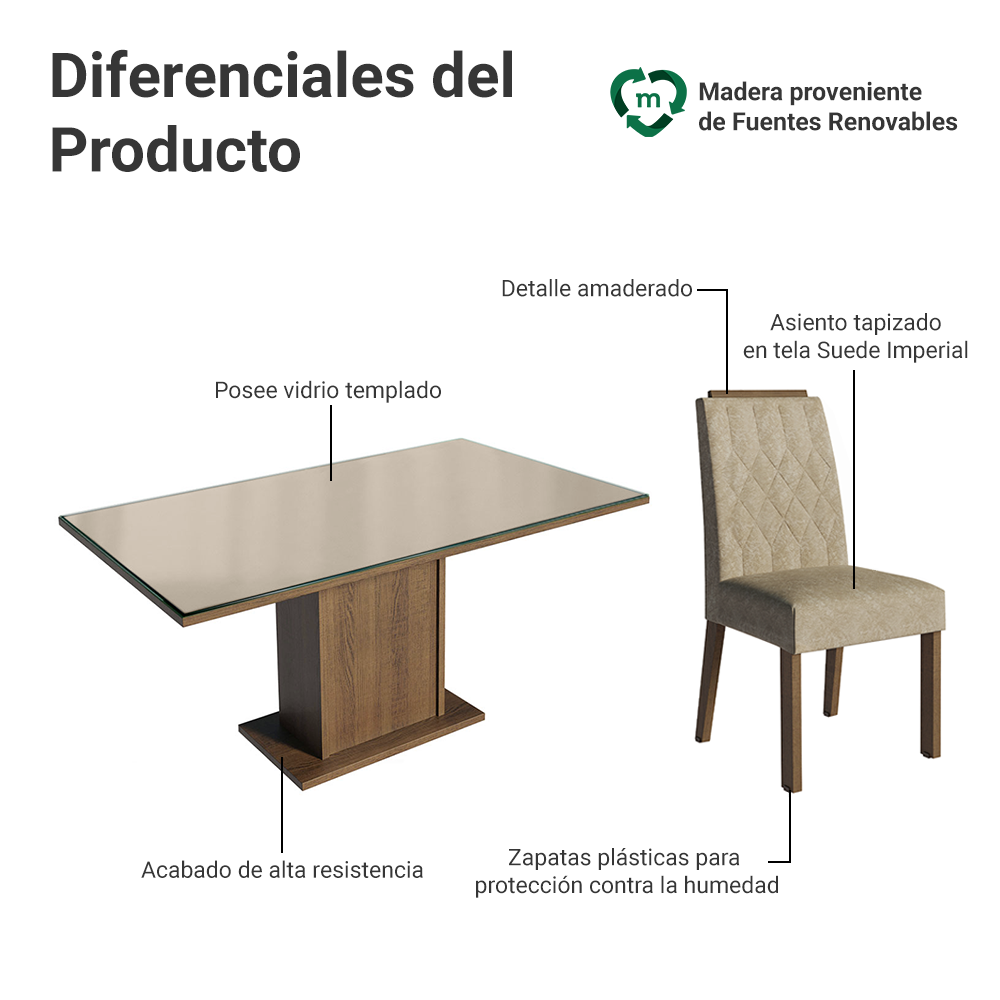 Juego de Comedor Tapa de Vidrio 6 Sillas Marrón/Crema/Imperial Azaleia Madesa