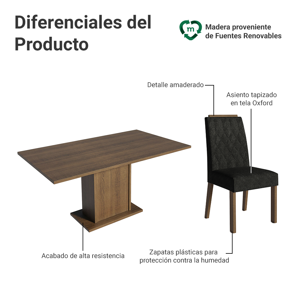 Juego de Comedor Tapa de Madera 6 Sillas Marrón/Oxford Bosque Madesa