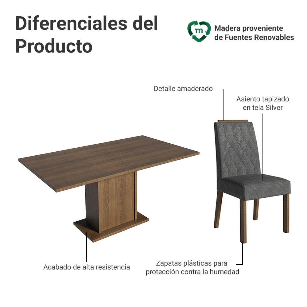 Juego de Comedor Tapa de Madera 6 Sillas Marrón/Silver Bosque Madesa