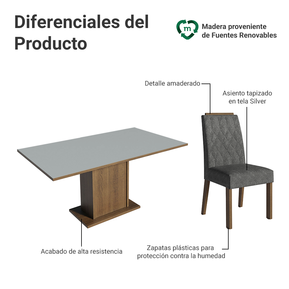 Juego de Comedor Tapa de Madera 6 Sillas Marrón/Gris/Silver Bosque Madesa