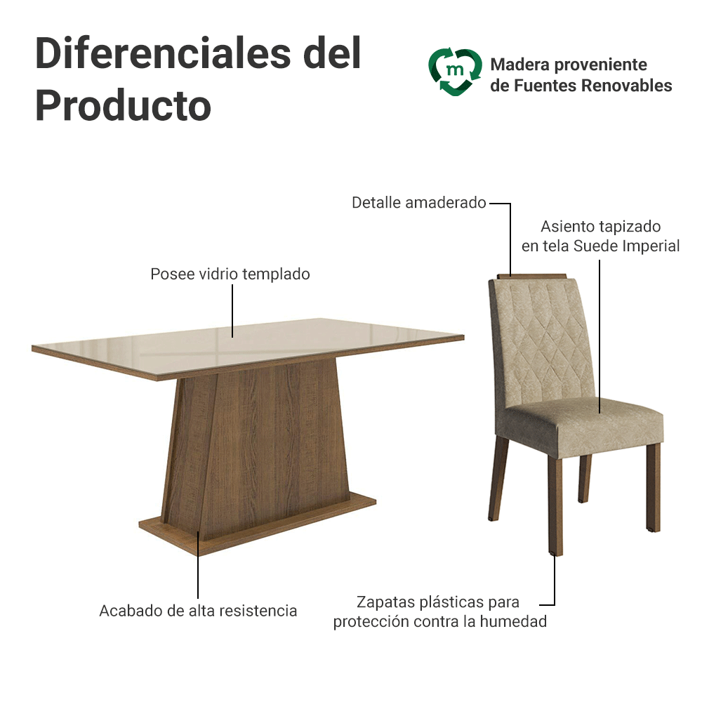 Juego de Comedor Tapa de Vidrio 6 Sillas Marrón/Crema/Imperial Avenca Madesa