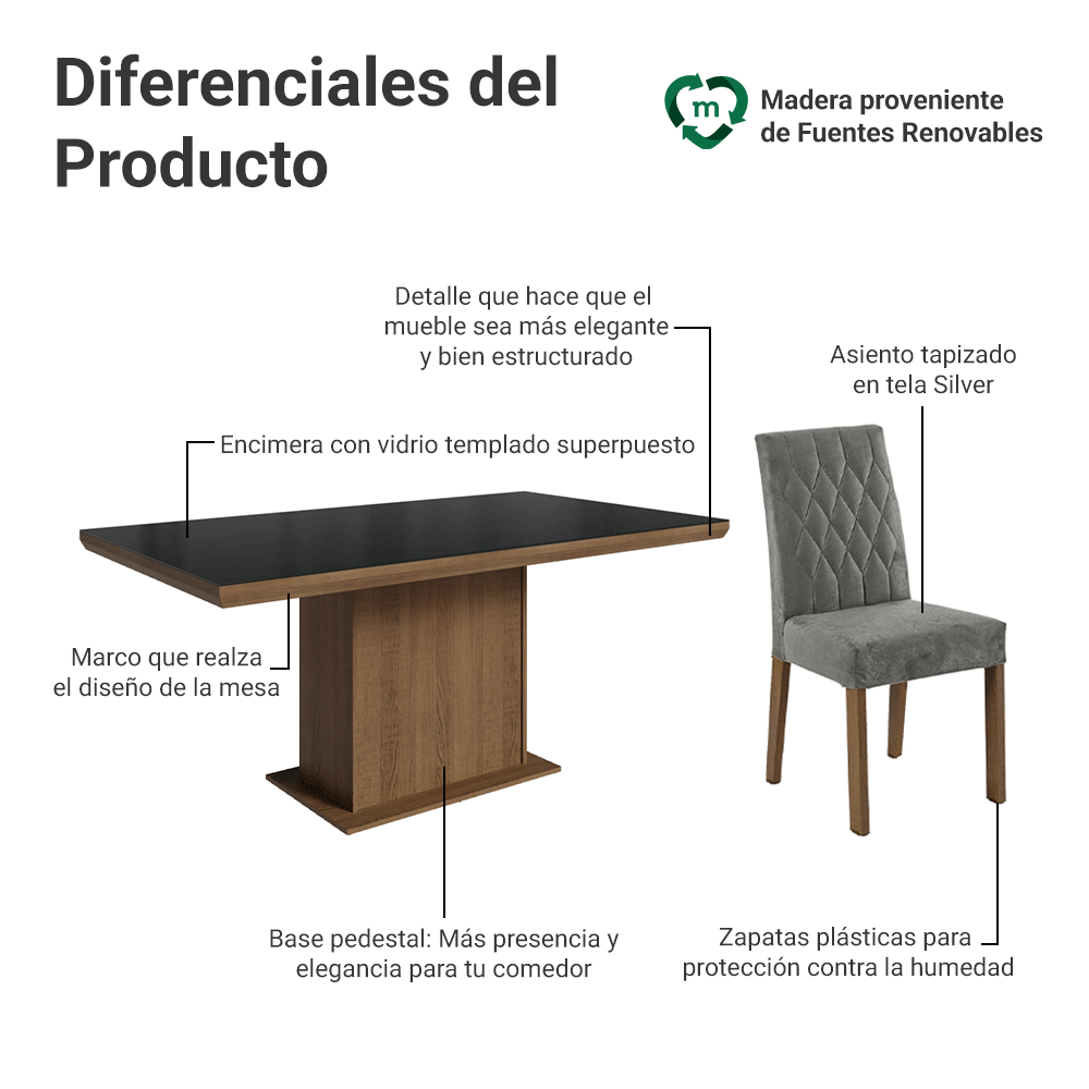 Juego de Comedor Tapa con Vidrio 6 Sillas Marrón/Negro/Silver Dinan Madesa