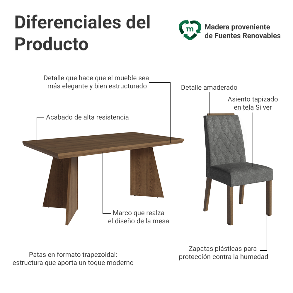 Juego de Comedor con Tapa de Madera 6 Sillas Marrón/Silver Sarlat Madesa