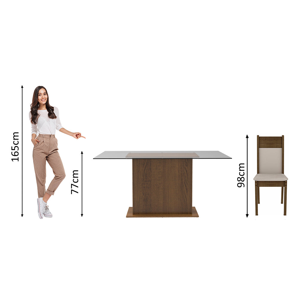 Juego de Comedor Madesa Atlanta Mesa Tapa de Vidrio con 6 Sillas Marrón/Crema/Sintético Beige