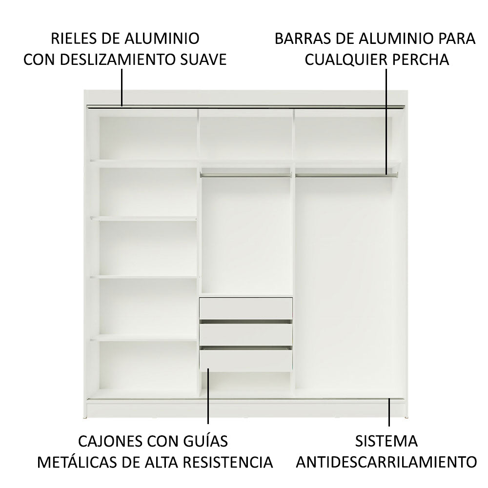 Placard Ropero Matrimonial Madesa Kansas 3 Puertas Corredizas con Espejo 3 Cajones Blanco
