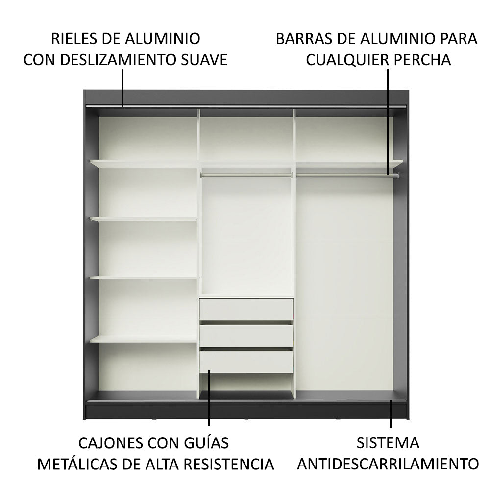 Placard Ropero Matrimonial Madesa Austin 4 Puertas Corredizas de Espejo 3 Cajones Negro