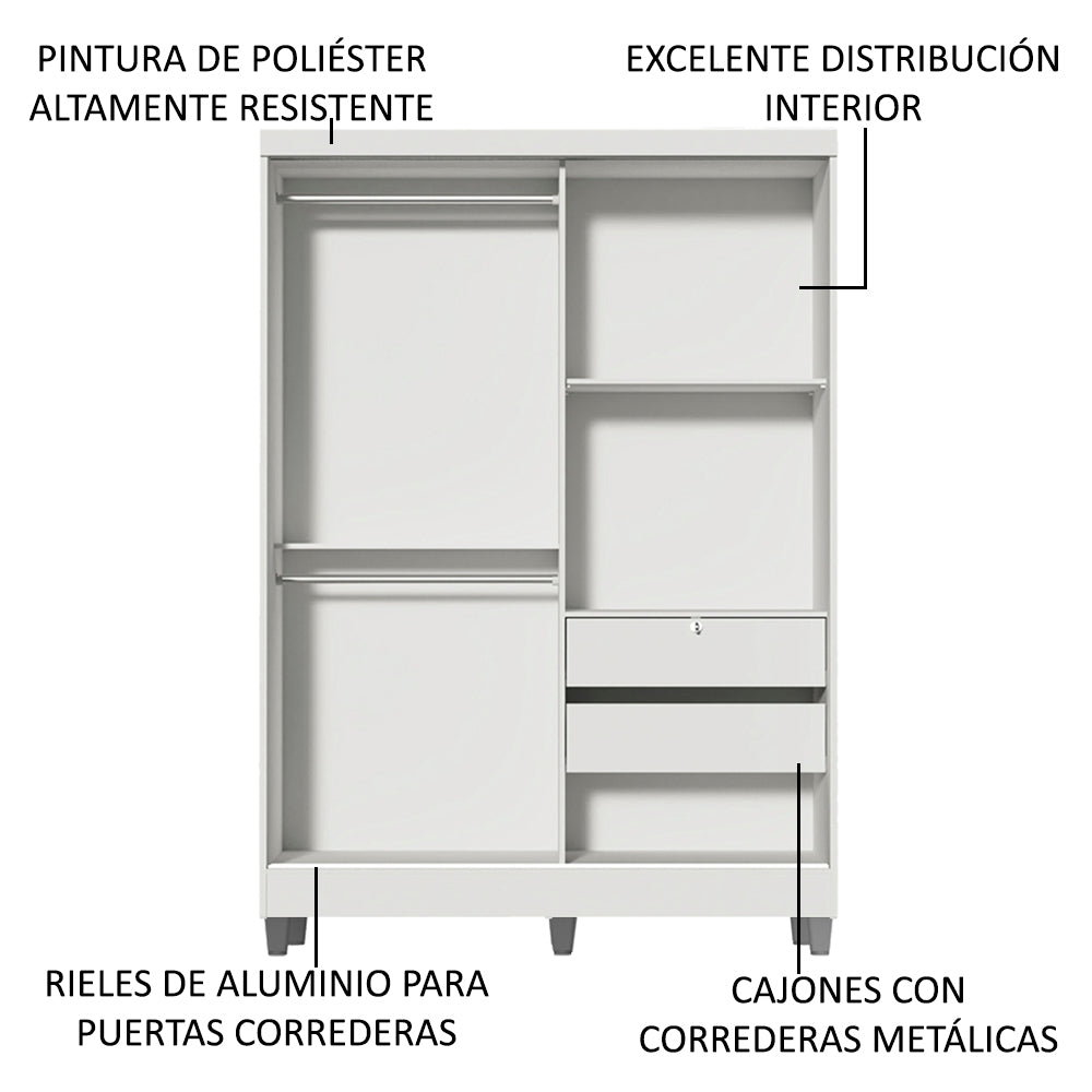 Placard Soltero Luke 2 Puertas Corredizas 1 con Espejo y Patas Blanco
